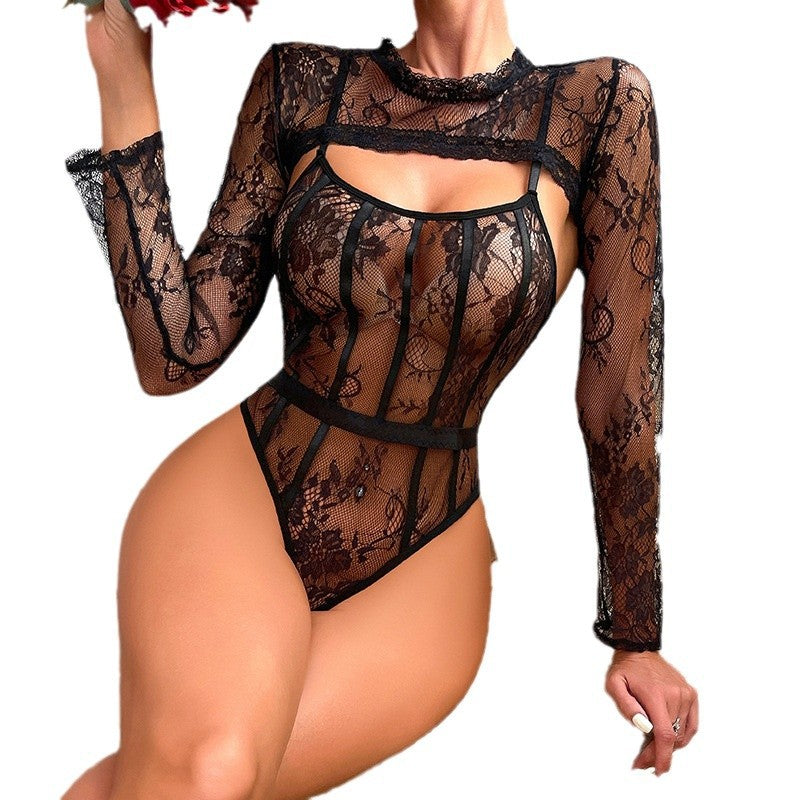 Mesh Lace Bodysuit with Cape